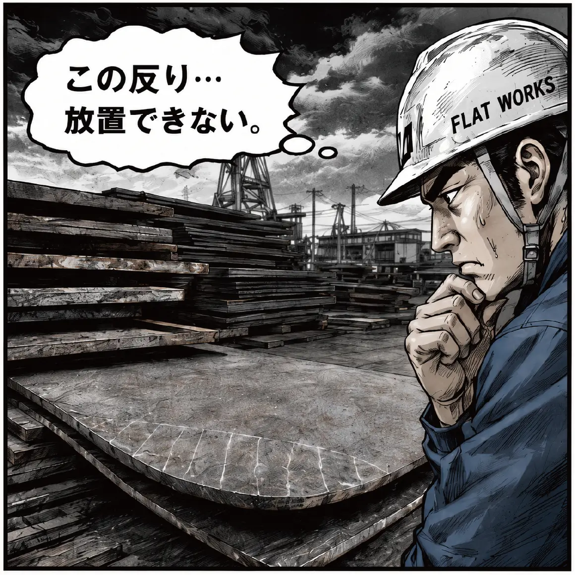1コマ目「この反り…放置できない。」反りが生じた敷鉄板を確認する作業者
