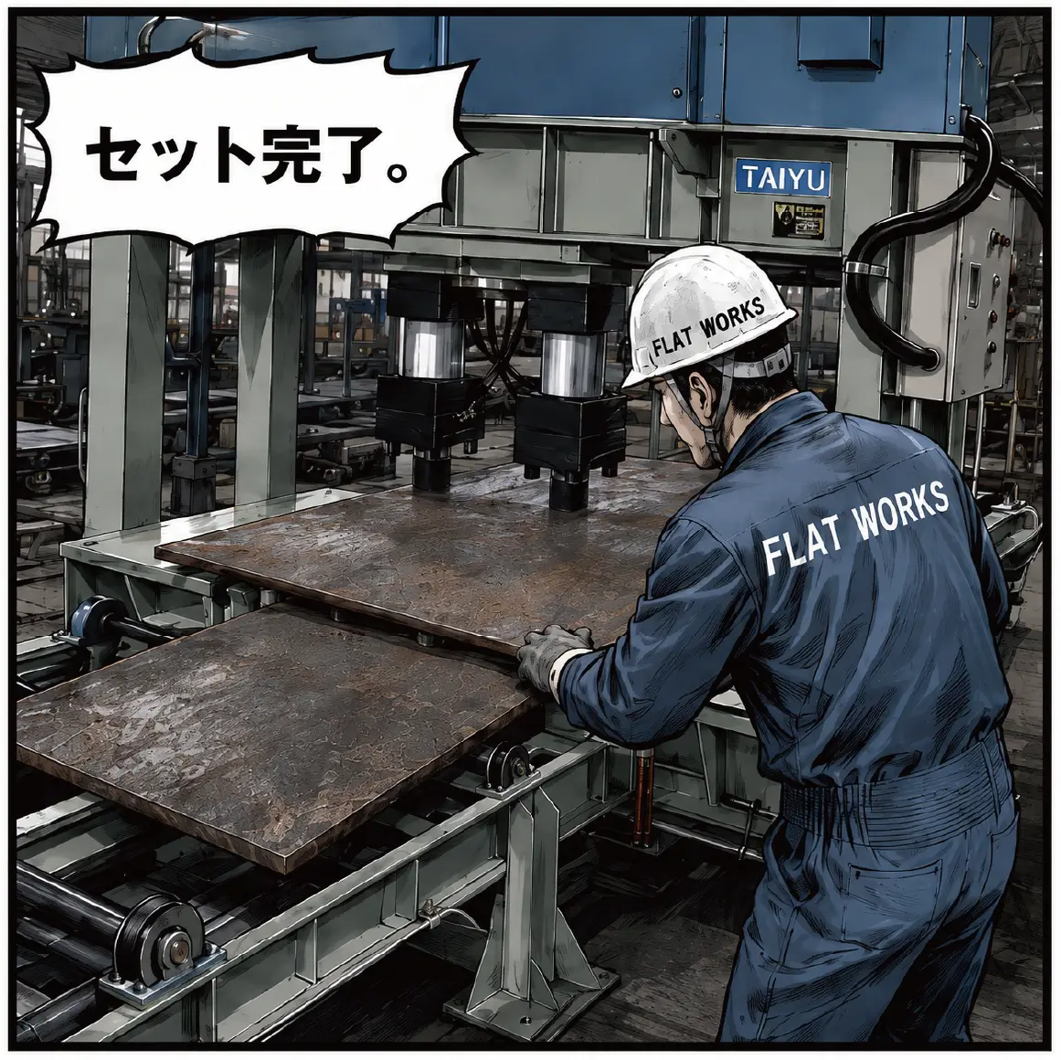 3コマ目「セット完了。」敷鉄板を矯正機にセットする