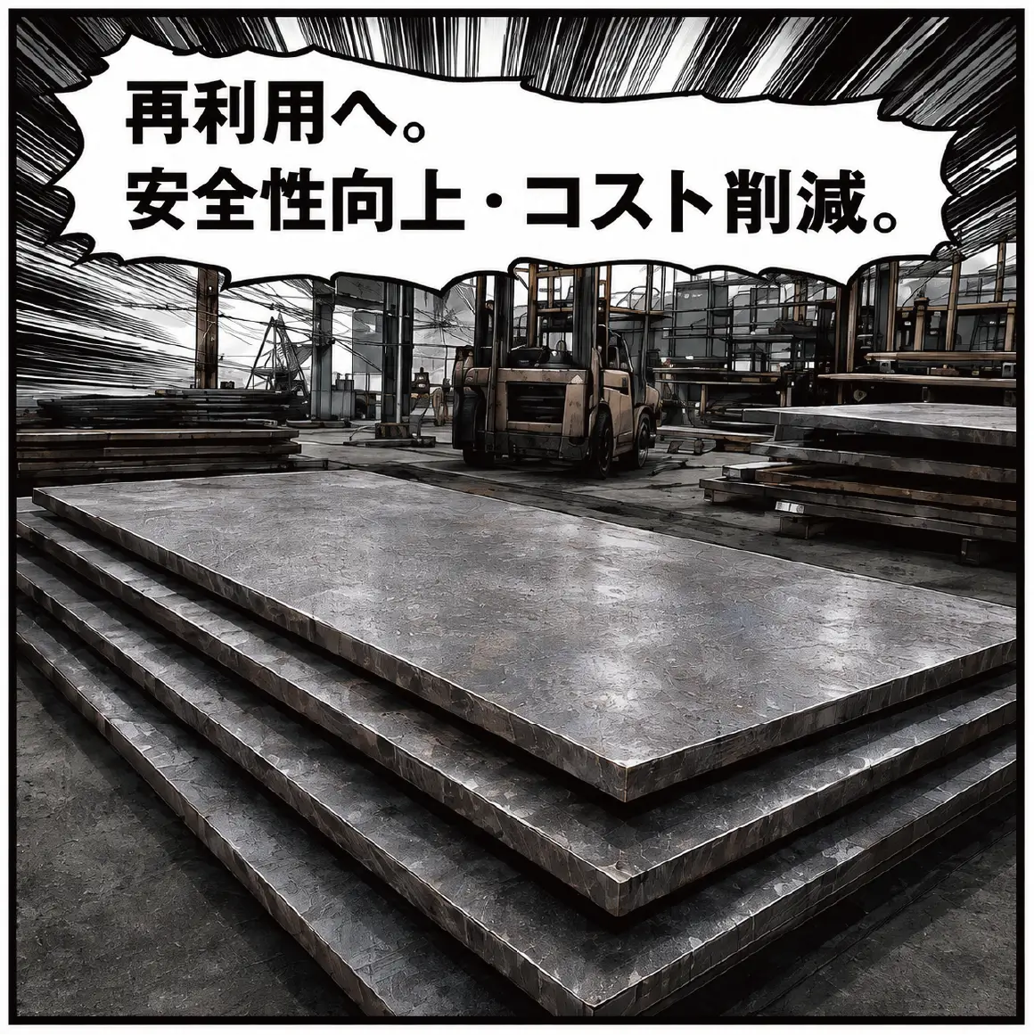 6コマ目「再利用へ。安全性向上・コスト削減。」矯正した敷鉄板を再び現場へ